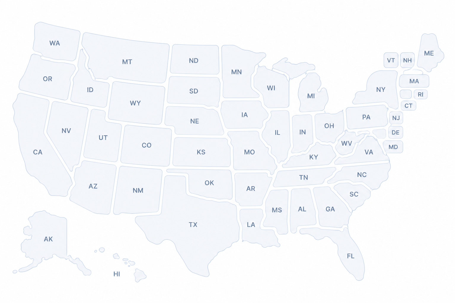 Map of the United States with all 50 states labeled